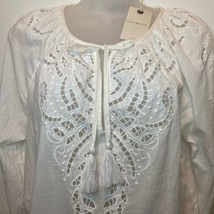 Lucky Brand White Eyelet Blouse Long Sleeve Tie Neck Size Small NWT